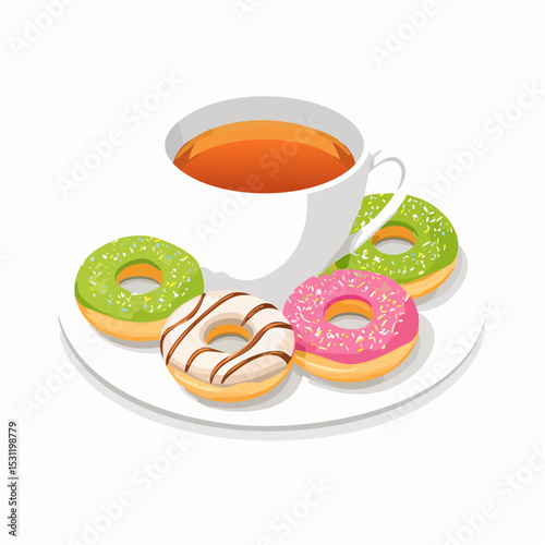 A white teacup filled with tea, surrounded by colorful donuts on a plate.
