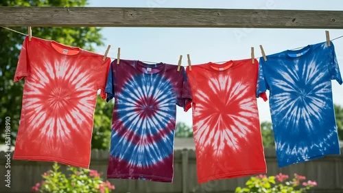 Colorful tie-dye shirts hanging on a clothesline in a sunny backyard with blooming flowers