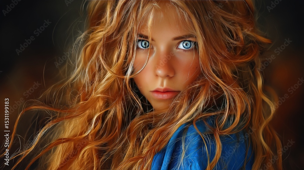 Fototapeta premium Close-up of a young woman with striking blue eyes and flowing red hair