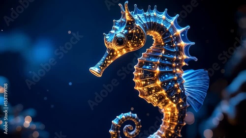 Elegant seahorse art illuminated against deep blue ethereal marine backdrop with glowing particles creating dreamy underwater atmosphere