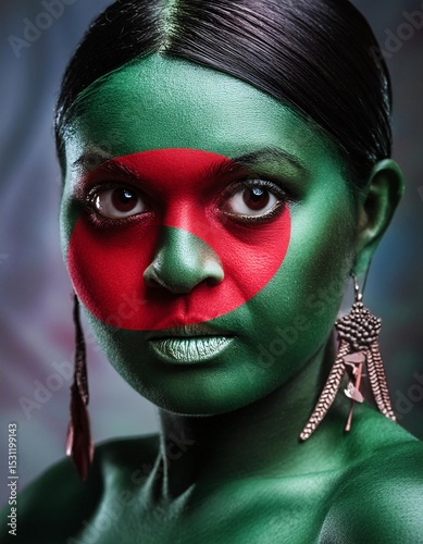 Bangladeshi woman face painted national flag green red circle pride