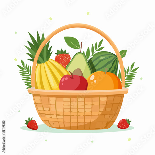 A wicker basket overflowing with a vibrant assortment of fresh, ripe fruits.