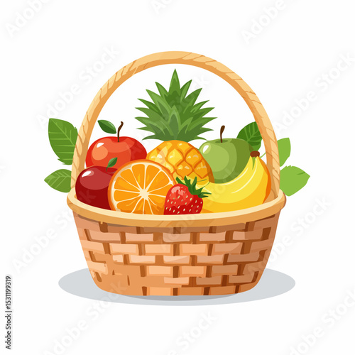 A colorful illustration of a woven basket filled with various fresh fruits.