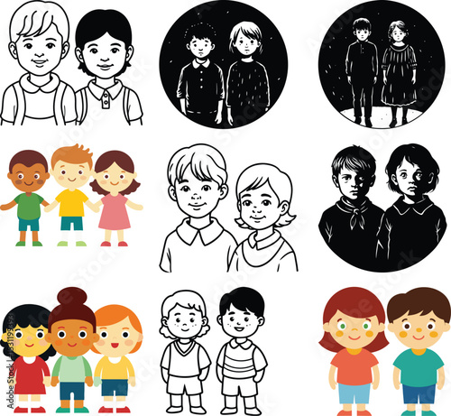 Friendship and Unity: A diverse collection of heartwarming illustrations showcases children of various backgrounds.