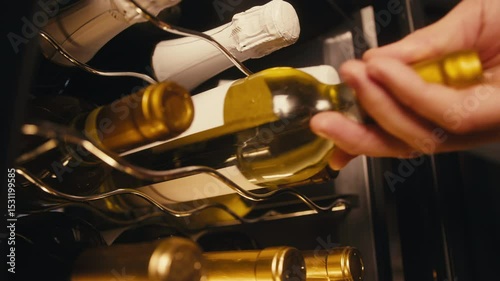 Storing bottles of wine in fridge, white and red wines in cooler. Alcoholic card in restaurant or at home storage, shop supermarket. Cooling and preserving wine and cava champagne..