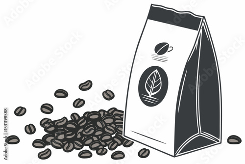 Package of roasted coffee beans with elegant design and natural leaf symbol