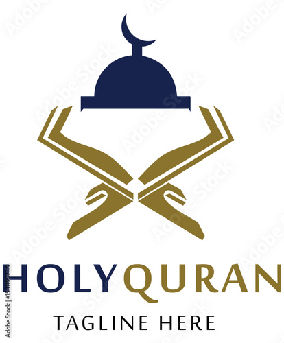 Holy Quran Book with Mosque Dome and Crescent Moon Islamic Logo Design