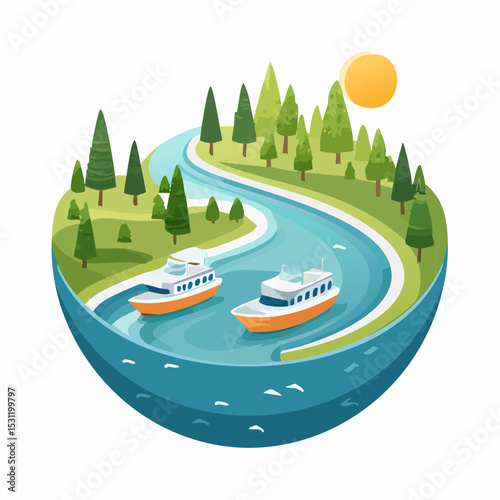 Two yachts cruise a tranquil river winding through a lush, idyllic miniature world.