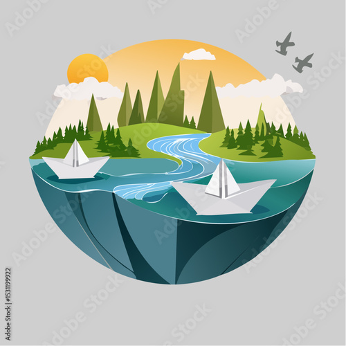 Paper boats sail on a serene river flowing through a picturesque landscape, depicted in a vibrant paper art style.