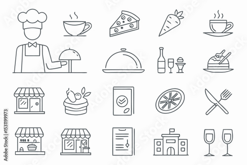 Restaurant and food services outline icons set with chef pizza and drinks