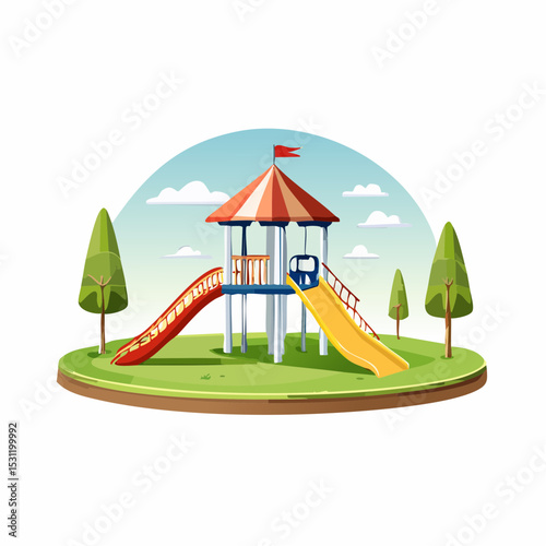 Colorful playground structure with slides and a gazebo, set in a grassy area.