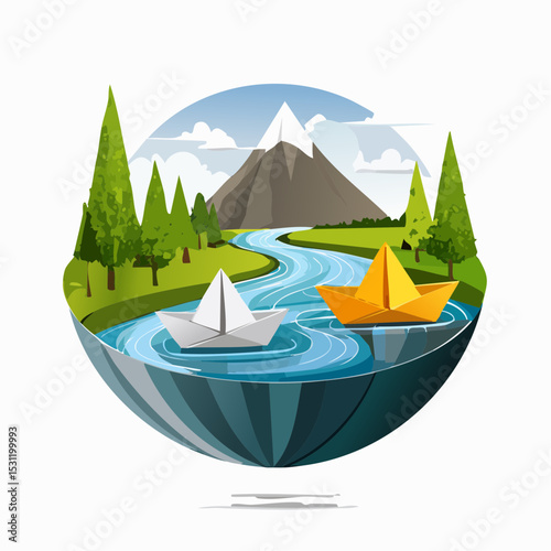 Two origami paper boats sail a tranquil river, nestled within a scenic mountain landscape.