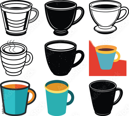 Coffee Cup Collection: A diverse set of coffee cup illustrations in various styles, including line art, solid color, and textured designs. Perfect for cafe menus, coffee shop branding.