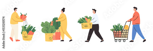 Diverse people carrying baskets and pushing trolley with fresh organic vegetables and groceries in flat minimalist style vector illustration for food shopping and delivery concept