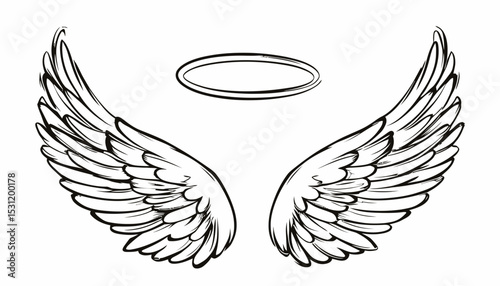 Hand drawn angel wings with halo outline sketch style detailed feather design black and white simple line art vector illustration for spiritual concept