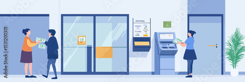 Bank interior scene with customer receiving cash from ATM while teller interacts with another customer near service window flat vector illustration