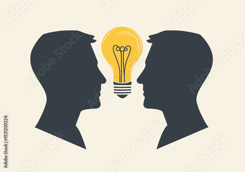 Two male silhouettes facing each other with glowing light bulb symbolizing idea sharing communication innovation cooperation and partnership concept in flat minimalist style