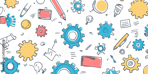 Hand drawn colorful gear set and office supplies doodle sketch vector illustration with pencil, paper, envelope, light bulb, and brush elements on white background for creativity and teamwork concept