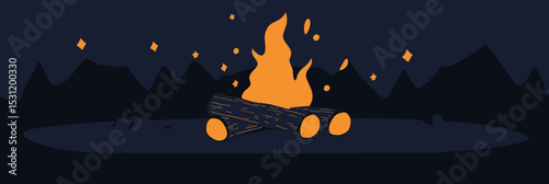 Minimalist campfire illustration with bright orange yellow flames burning wooden logs outdoors at night in flat vector style perfect for camping and adventure themes