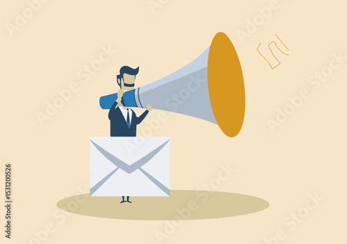 Businessman standing inside large white envelope holding megaphone for communication advertising and announcement concept flat design vector illustration
