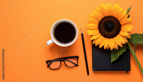 Coffee sunflower notebook glasses pencil flat lay orange background