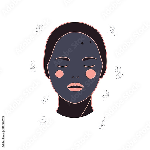 Minimalist flat vector illustration of female face with black acne mask skincare treatment and closed eyes on white background for beauty and self care concept