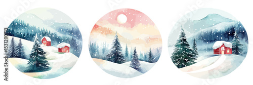 Winter snow landscape set with pine trees and red cabins under moonlight and sunrise in minimalist watercolor style vector illustration