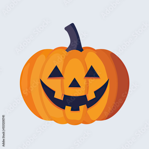 Smiling carved Halloween pumpkin jack o lantern with triangular eyes and toothy grin in flat minimalist vector style on light background
