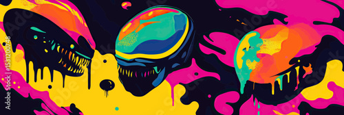 Abstract colorful dripping alien heads with vibrant neon splashes in flat minimalist vector style for futuristic sci fi concept art background