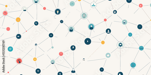 Abstract medical health and business network background with connected icons representing healthcare, communication, data, and technology in flat minimalist vector style