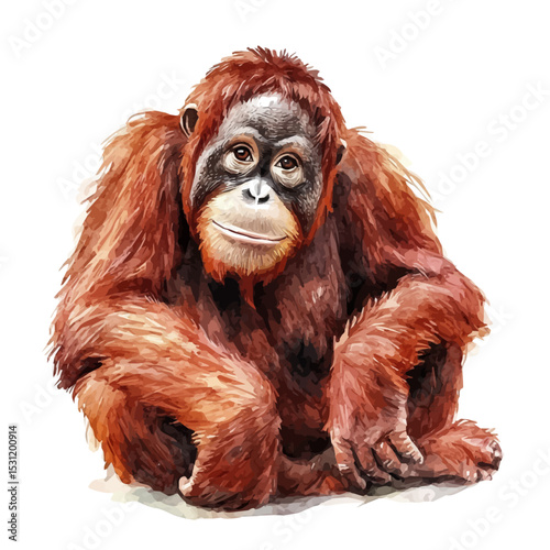 Orangutan, watercolor illustration vector, isolated on a white background.