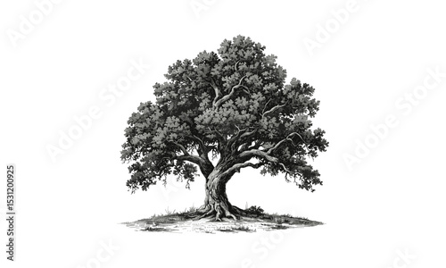 Cork Oak Tree vector illustration, forest tree species, Mediterranean vegetation, oak bark texture, natural environment, seasonal foliage, woodland scenery, tree silhouette.