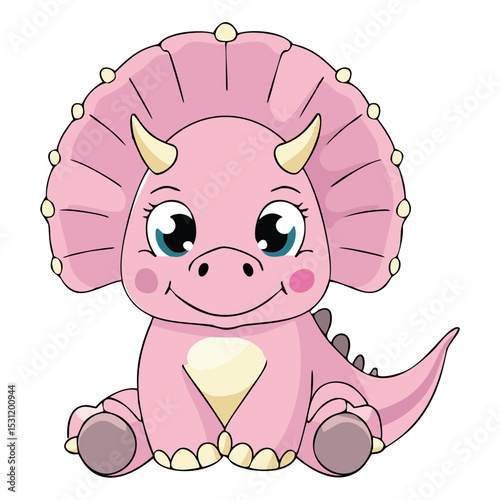 The noble and exquisite, beautiful pink Triceratops baby princess sits comfortably on the ground,