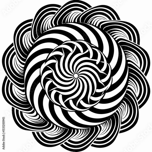 Abstract Black and White Swirling Mandala Design Element