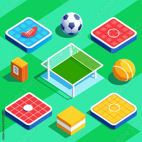 Isometric Illustration of Various Sports Equipment and Fields