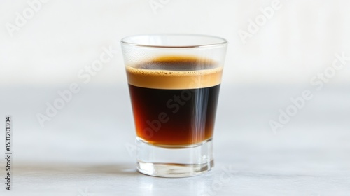 Espresso shot in clear glass, light background,  ready to drink