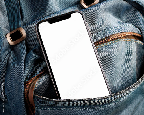 Maqueta de teléfono con pantalla blanca en bolsillo de mochila, bolso, mockup 