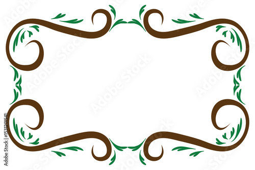 Decorative floral frame with green leaves and brown swirl border
