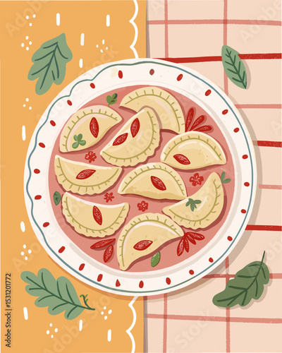 Colorful plate of dumplings on checkered tablecloth with herbs, naive art 