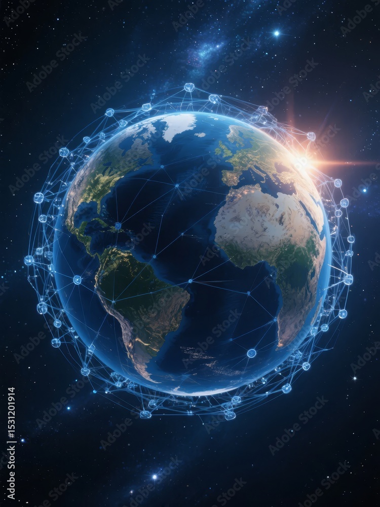 Fototapeta premium Earth Encircled by a Network of Connected Nodes in Space
