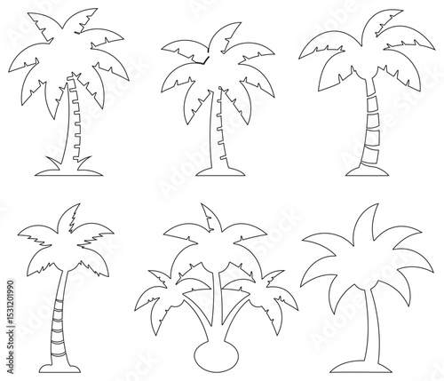Hand-drawn outline palm tree set for tropical vacation or beach
