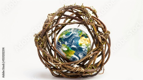 Recycling symbol made of natural wood bark with earth globe in center isolated on white background