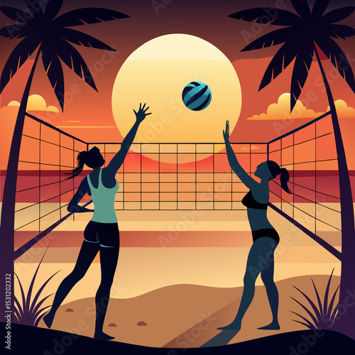 Silhouette of Two Women Playing Beach Volleyball at Sunset