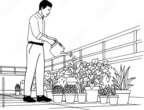 a man standing on a rooftop garden, watering several potted plants.
