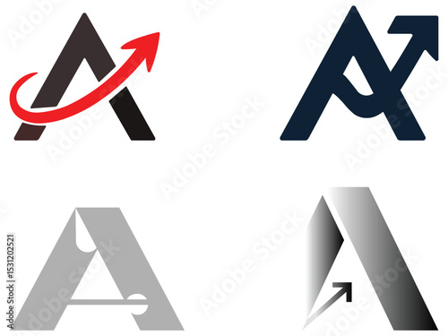 Letter A logo variations with modern arrow for branding and business identity