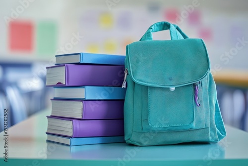 Teal backpack and stack of books on a table. photo