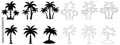 Mixed palm tree icon set with black, outline, and grayscale variations