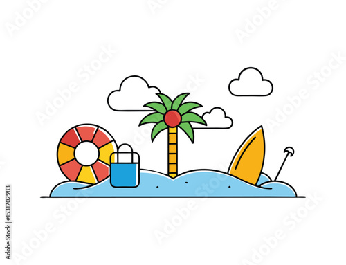Tropical island beach summer vacation landscape with sun, palm trees, and boat on the ocean