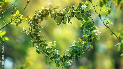 Wire recycling symbol covered with fresh green leaves and flowers on blurred natural background