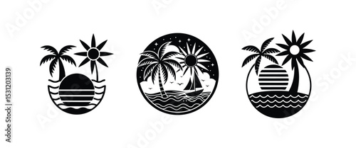 Black and white vector illustration of a tropical beach shoe print with a palm tree silhouette, summer logo, t-shirt design